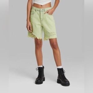 Light Wash with green hue High-Rise Wide Leg Bermuda Jean Shorts Wild Fa…